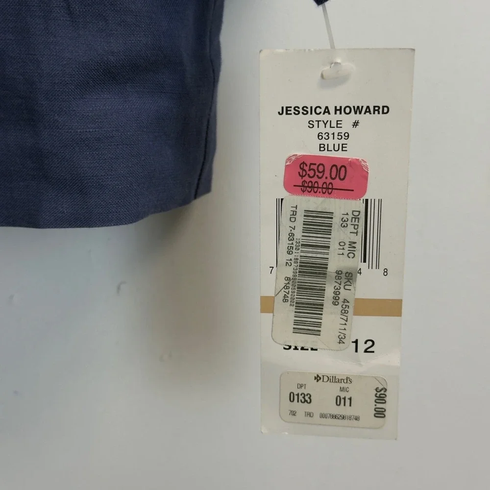 Jessica Howard Womens Blue Linen Blend Button Front Cropped Jacket Size 12 NWT